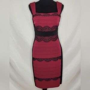 Jax Fuschia and Black with Lace Sleeveless Bodycon Midi Dress - Size 6